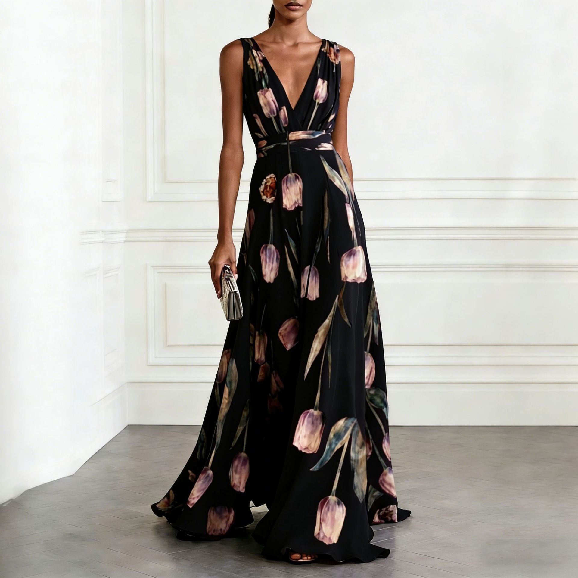 Women's Tulip Print Sleeveless Deep V-Neck A-Line Maxi Dress – 7 Colors
