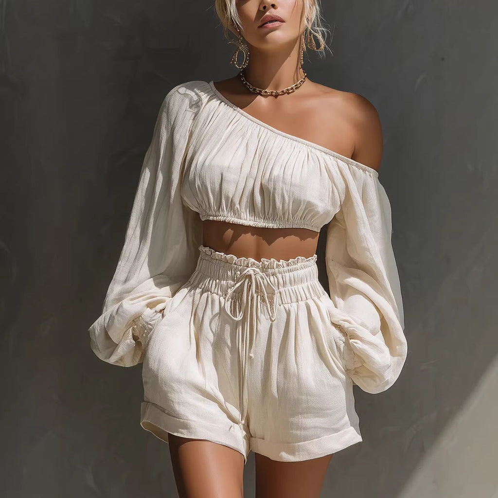 Women's One-Shoulder Ruched Crop Top & High-Waist Shorts Set