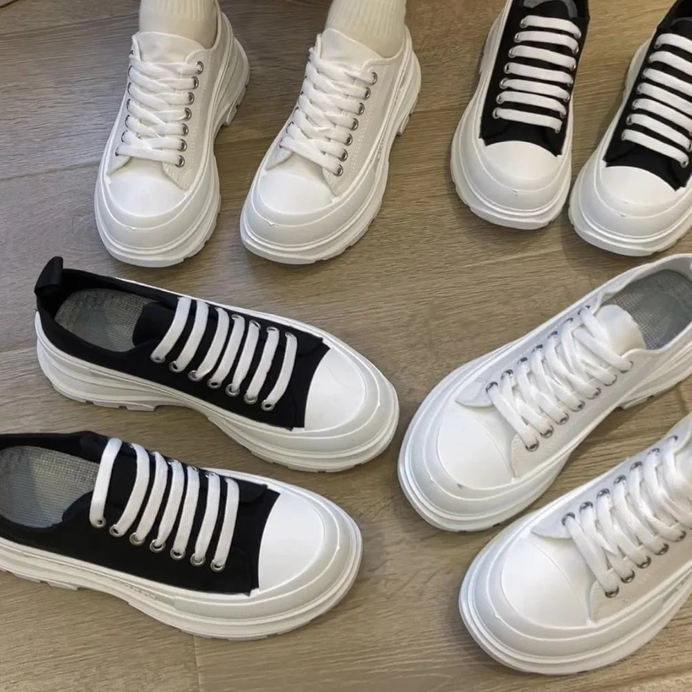 Lace-Up Round Toe Platform Sneakers – Canvas Chunky Sole