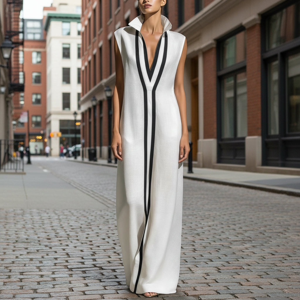 Women's V-Neck Color-Block Sleeveless A-Line Maxi Dress – 4 Colors XS–2XL
