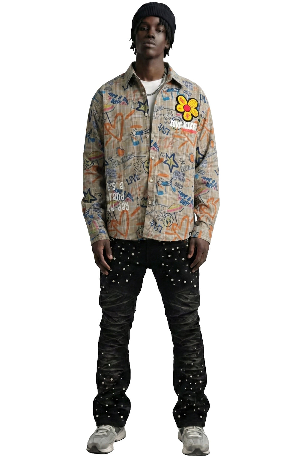 Velo L.T.K. Men's premium Long Sleeve Plaid button down shirt with hand sketch drawing pop art
