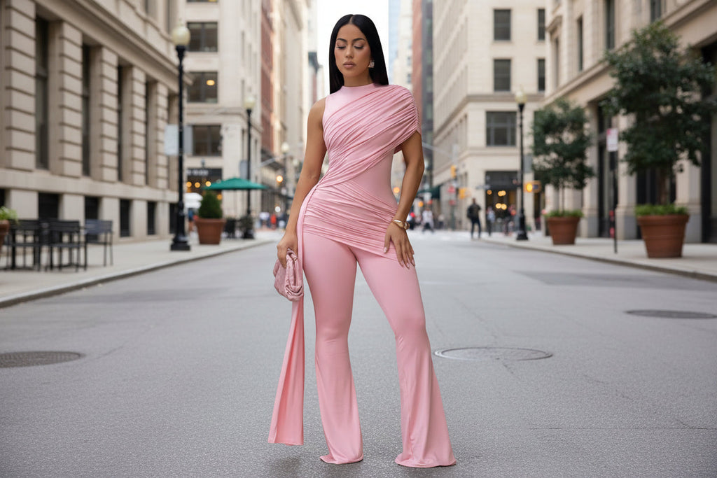 Women's Crew-Neck Pleated Ribbon Flare Jumpsuit