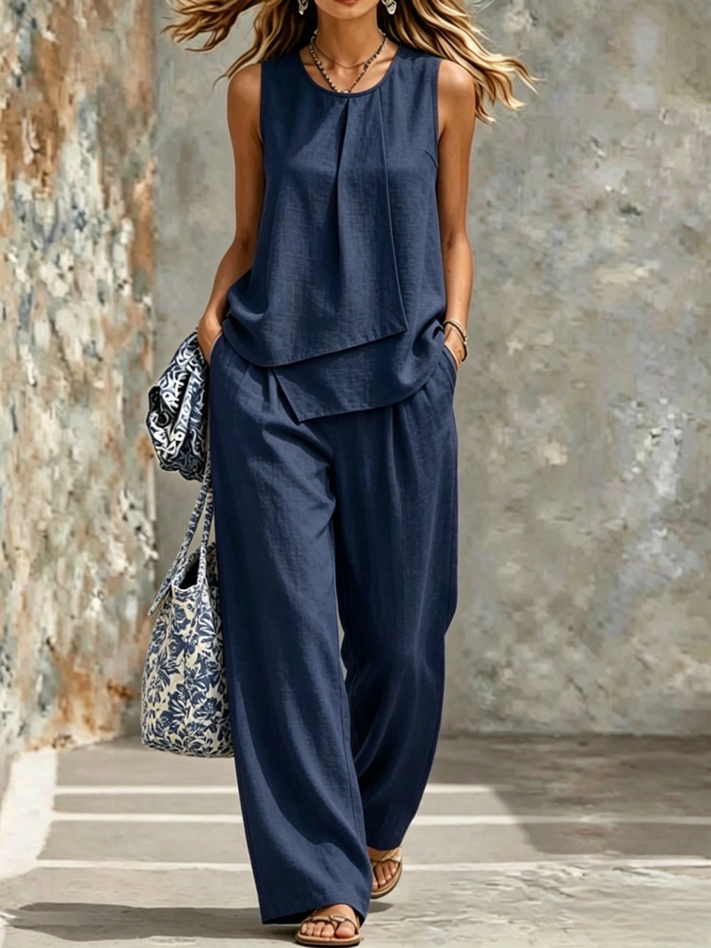 Women's Sleeveless Two-Piece Set – Solid Color Wide-Leg Pants & Top
