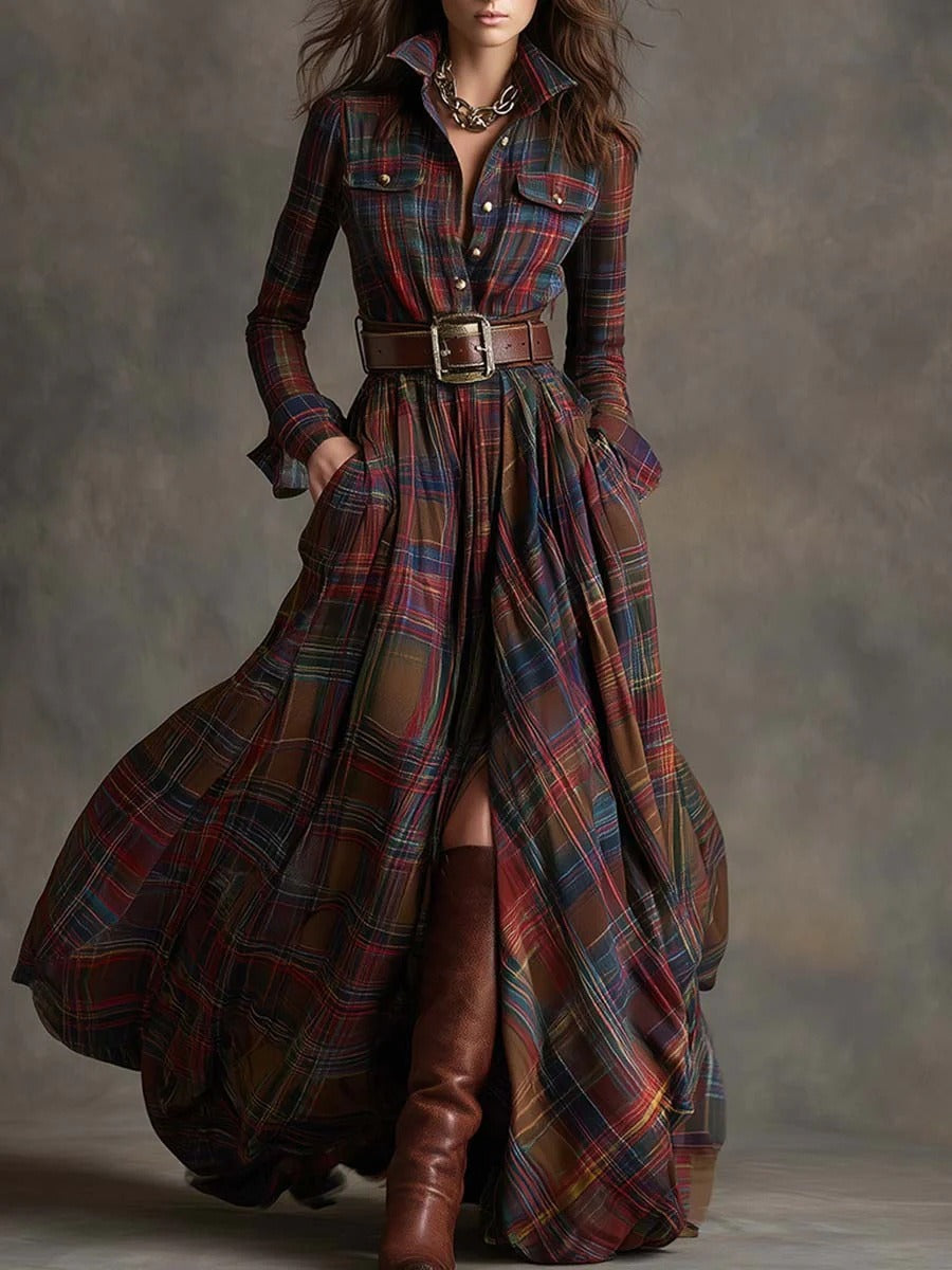 Women's Plus Size Plaid Print Long Sleeve Shirt Dress with Pockets
