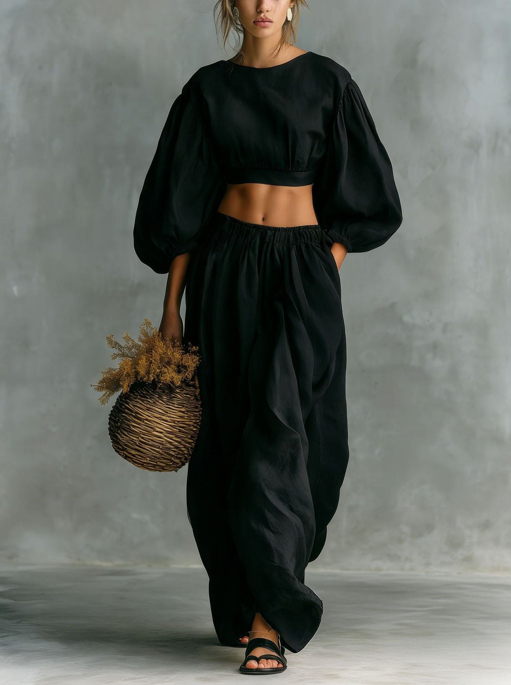 Women's Puff-Sleeve Crew-Neck Two-Piece Set with Pockets