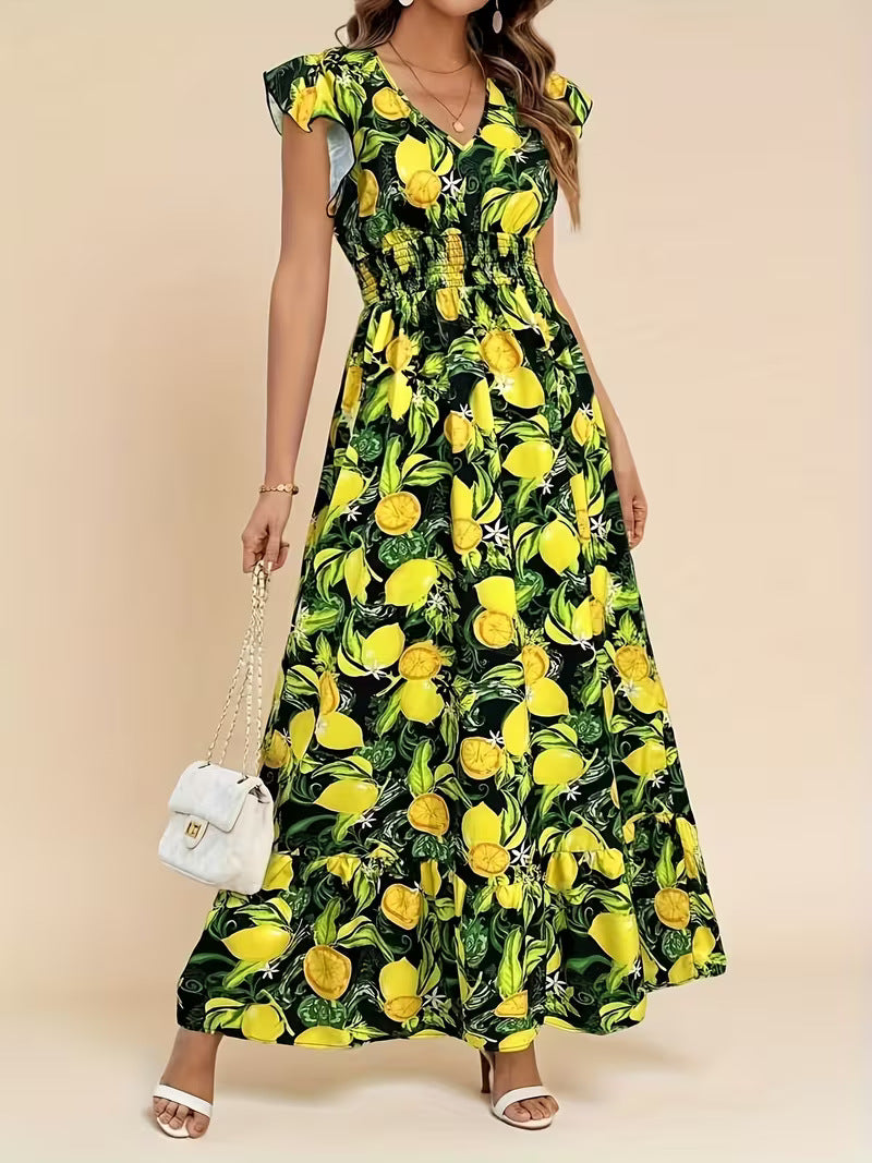Women's V-Neck Floral Print A-Line Midi Dress – High Waist Sleeveless