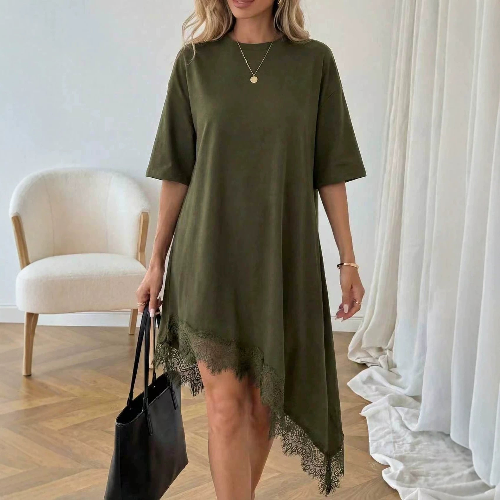 Women's Lace Trim Asymmetric Three-Quarter Sleeve Dress