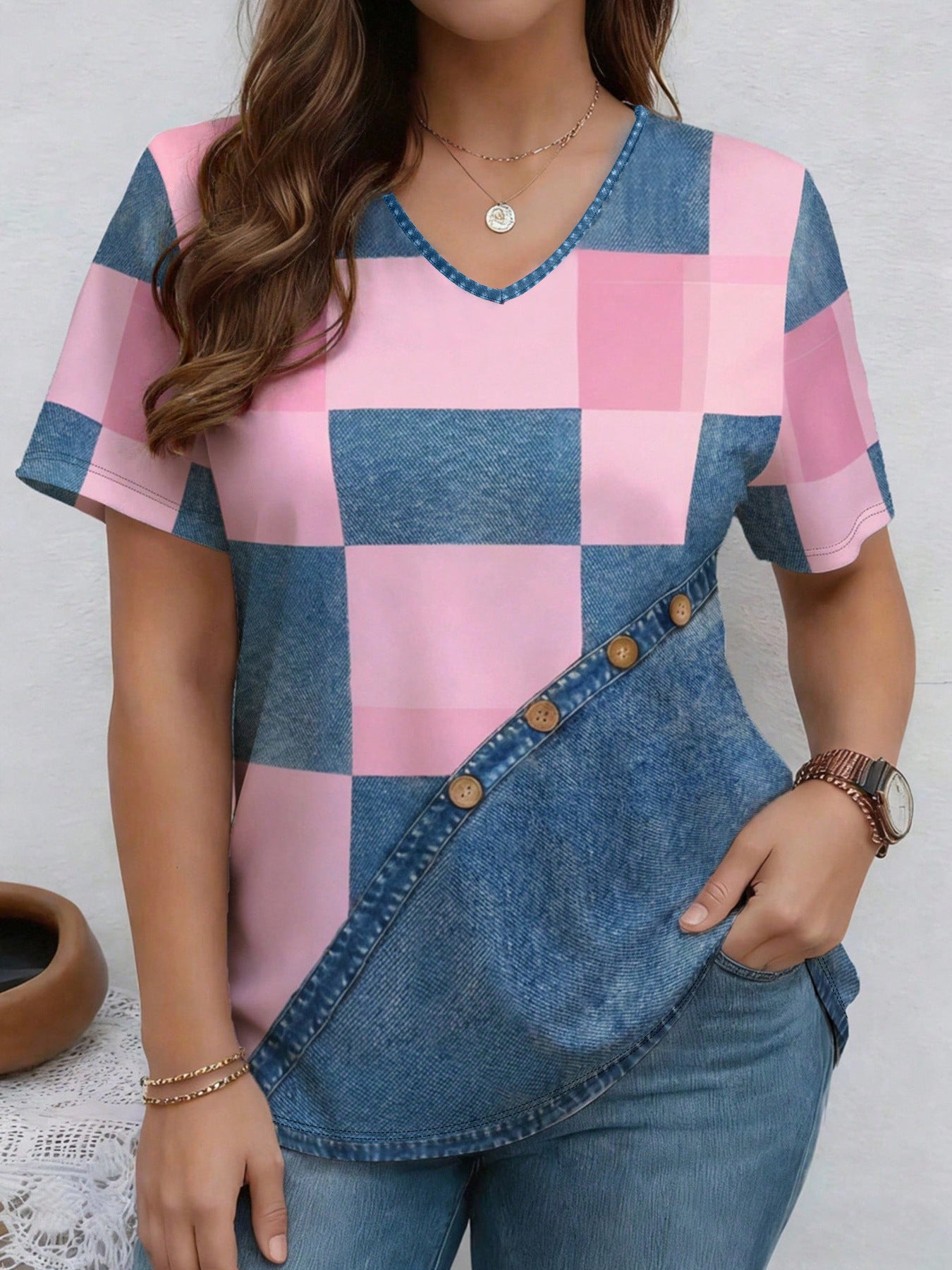 V-Neck Denim Print Short Sleeve T-Shirt | Loose Casual Tee
