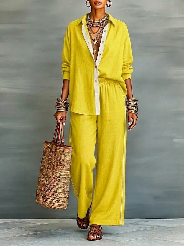 Contrast-Color Long-Sleeve Shirt & Pants Set – Two-Piece