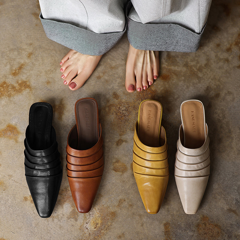 Handmade Sheepskin Ruched Mule Slides – Square Toe Low Heel