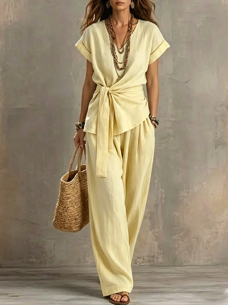 Women's V-Neck Short-Sleeve Top & Pants Two-Piece Set