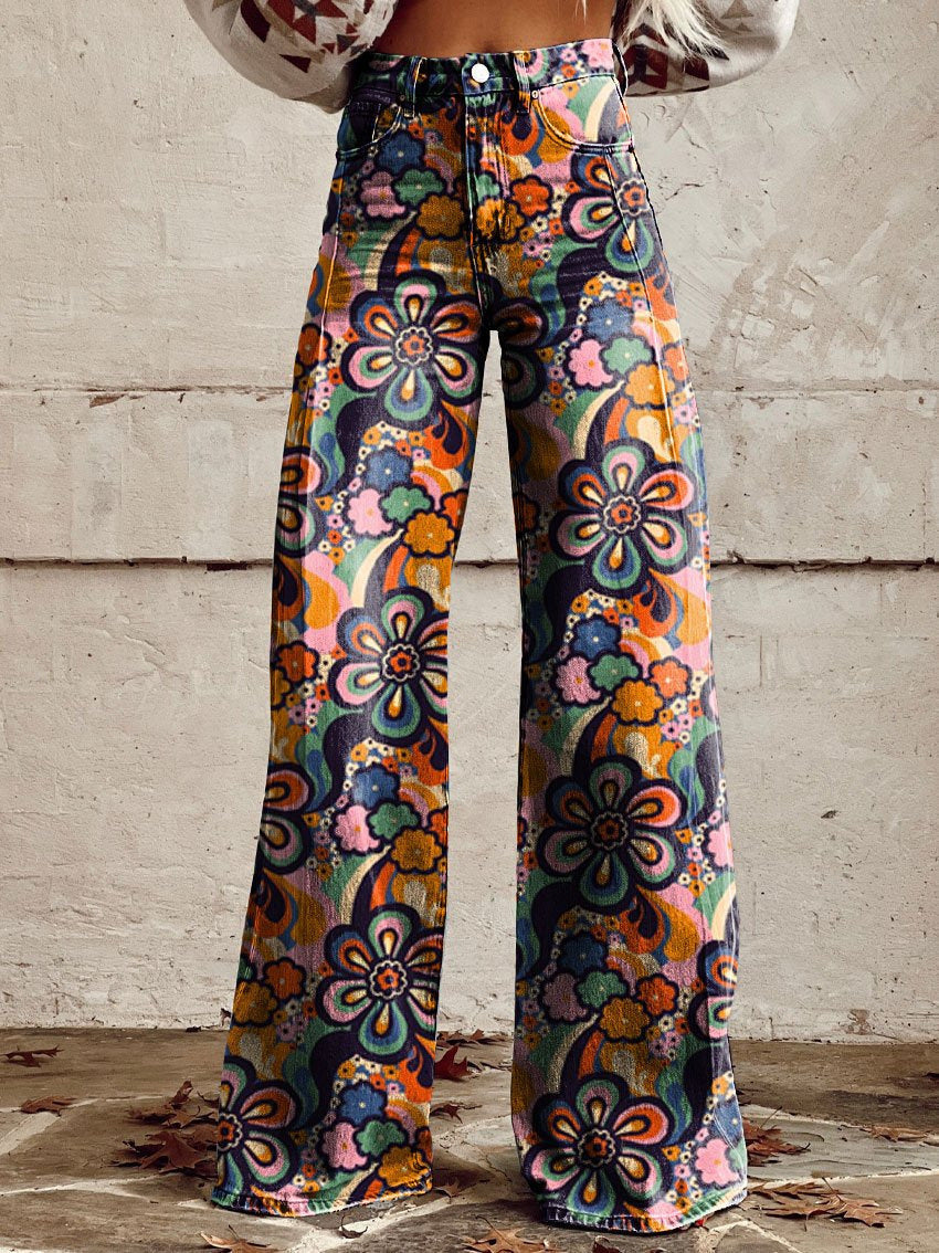 Women's Printed Flare Pants – Mid-Waist Full Length Plus Size