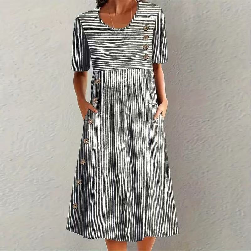 Button-Down Swing Maxi Dress – Short Sleeve Pocket Pullover Long Dress