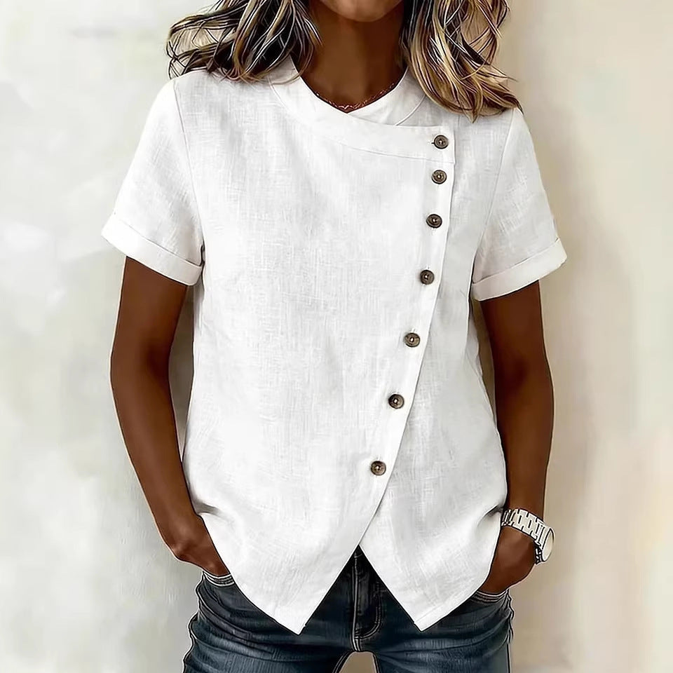 Women's Cross-Neckline Asymmetrical Hem Cotton Linen Top – Loose Fit