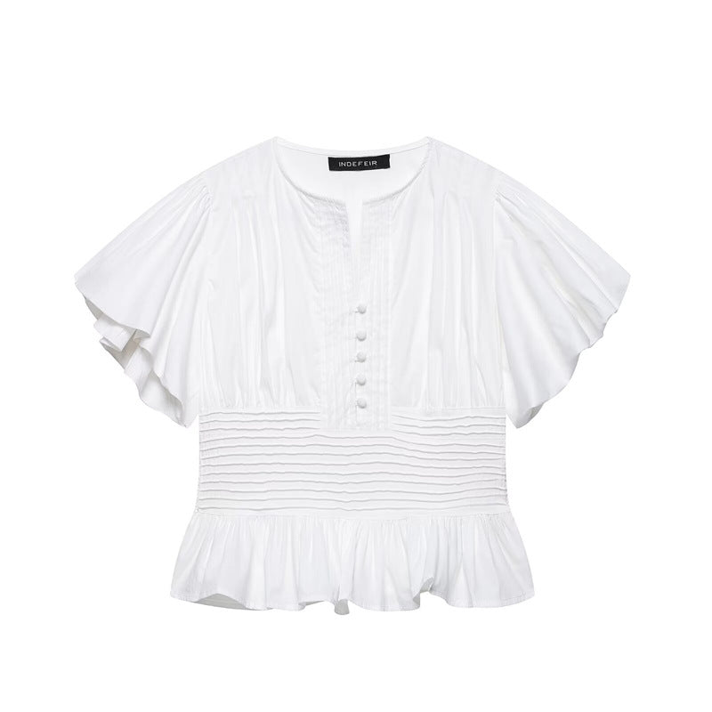 Women's Ruffle-Trim Puff-Sleeve Blouse Top – Slim-Fit Elegant