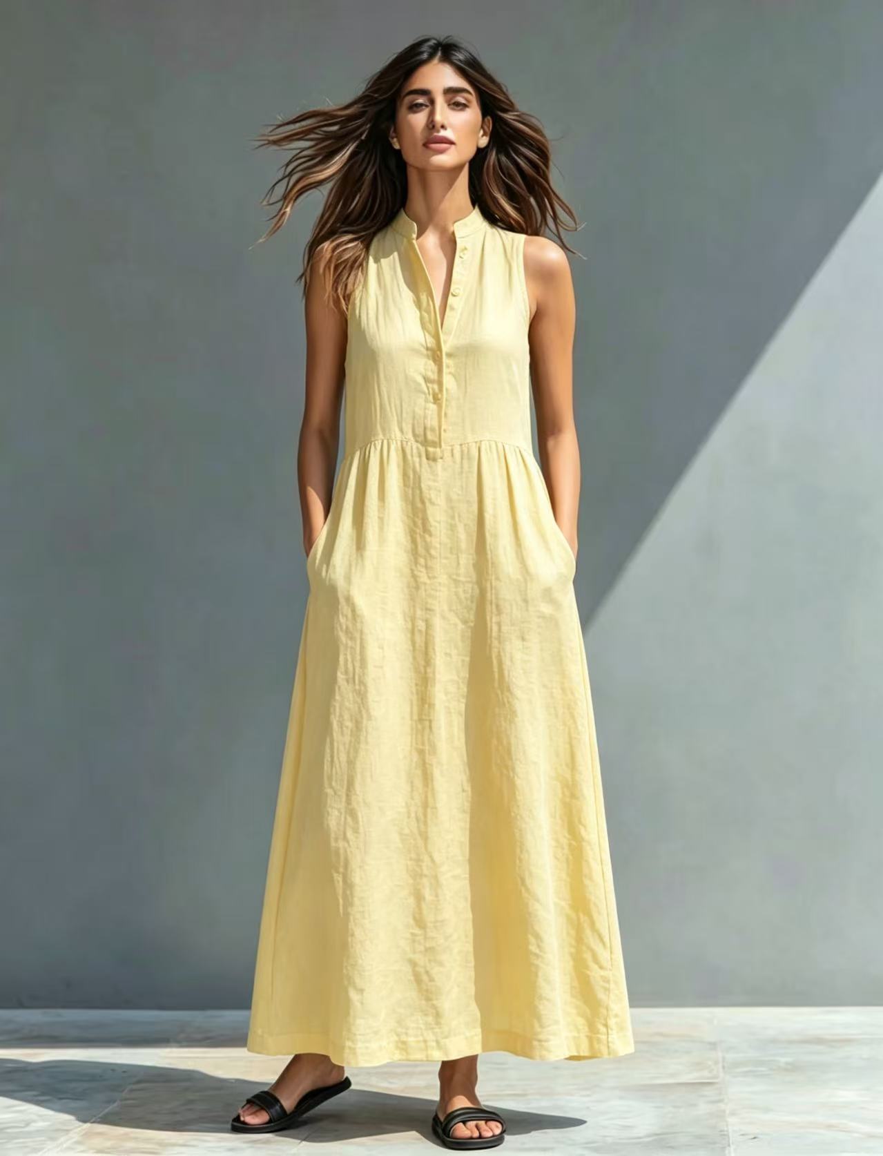Women's Stand-Collar A-Line Maxi Dress – Resort & Vacation Style
