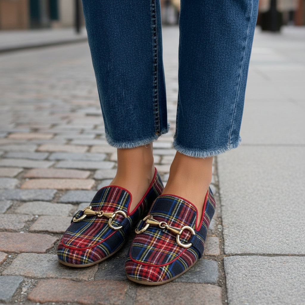 Women's Plaid Square Toe Flats – Buckle Casual Shoes in Red & Blue