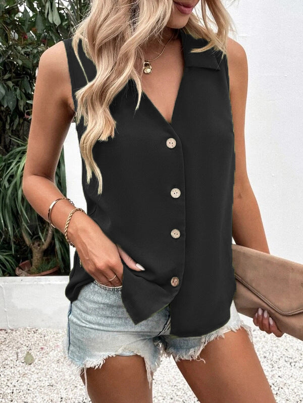Women's Solid-Color Sleeveless Loose Vest Top – Button Detail