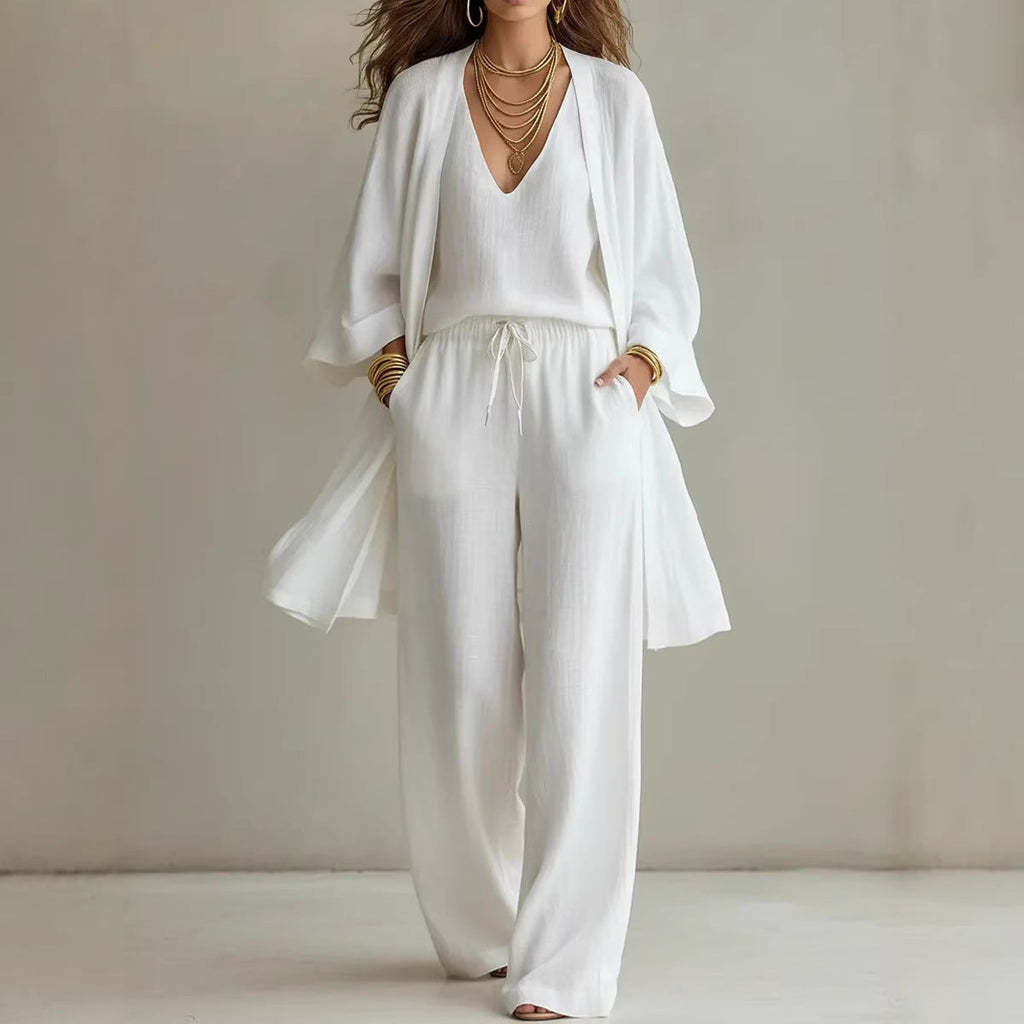 Women's V-Neck Cardigan Coat, Pocket Vest & Long Pants Three-Piece Set