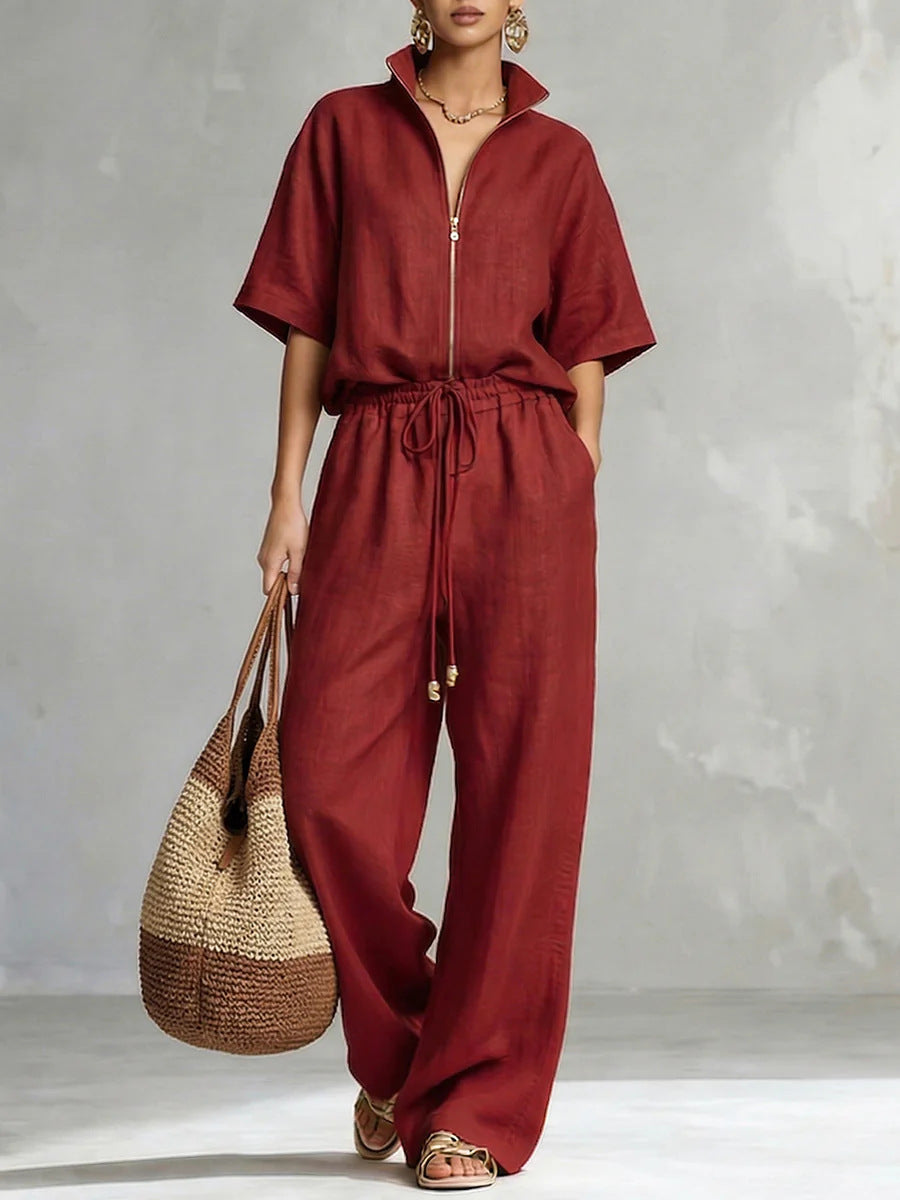 Women's Zip-Up Crew-Neck Top & Wide-Leg Pants Set