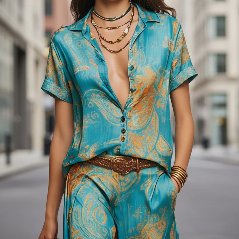 Women's Bohemian Printed Resort Two-Piece Set – 3/4 Sleeve Shirt & Pants