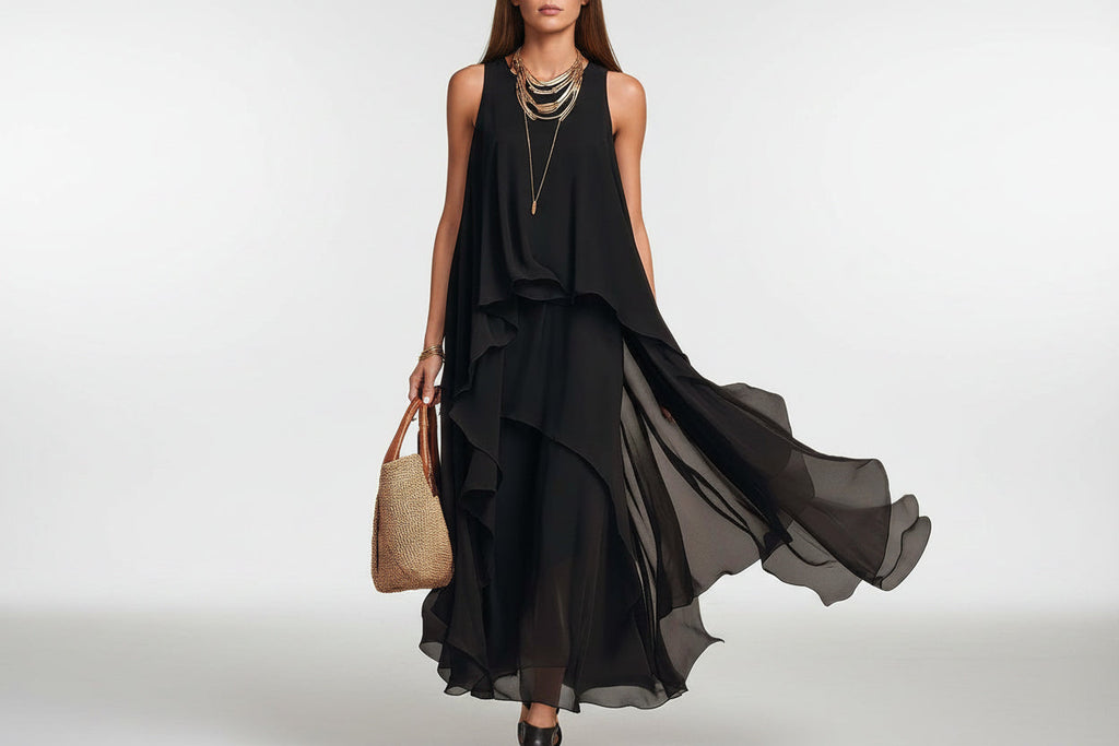 Asymmetrical Ruffle Mesh Chiffon Sleeveless Maxi Dress – Black, XS–XXL
