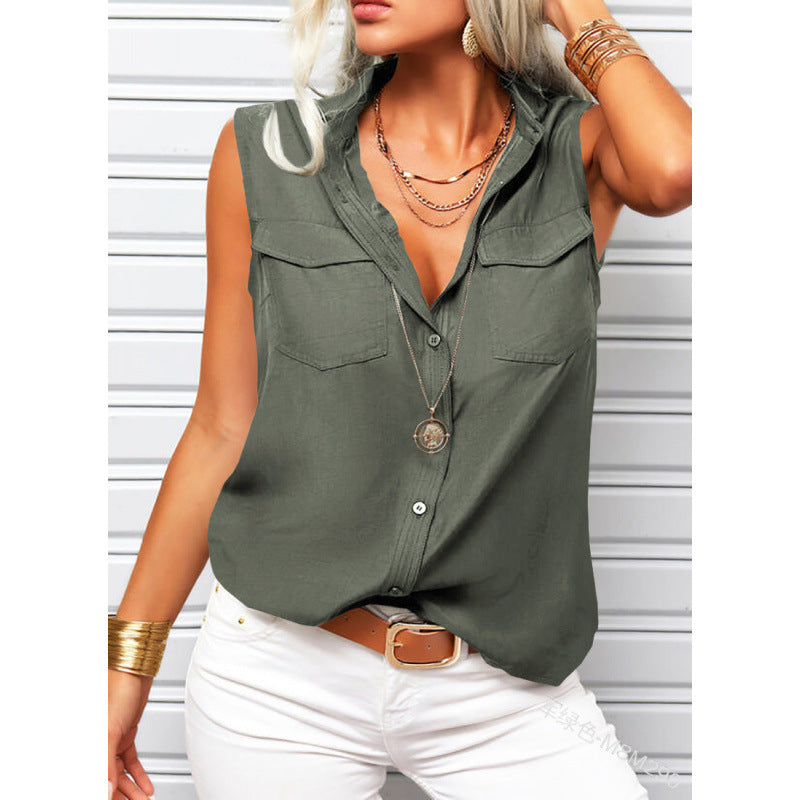Women's Lapel Collar Sleeveless Top – Loose Fit, Pockets, Solid Color