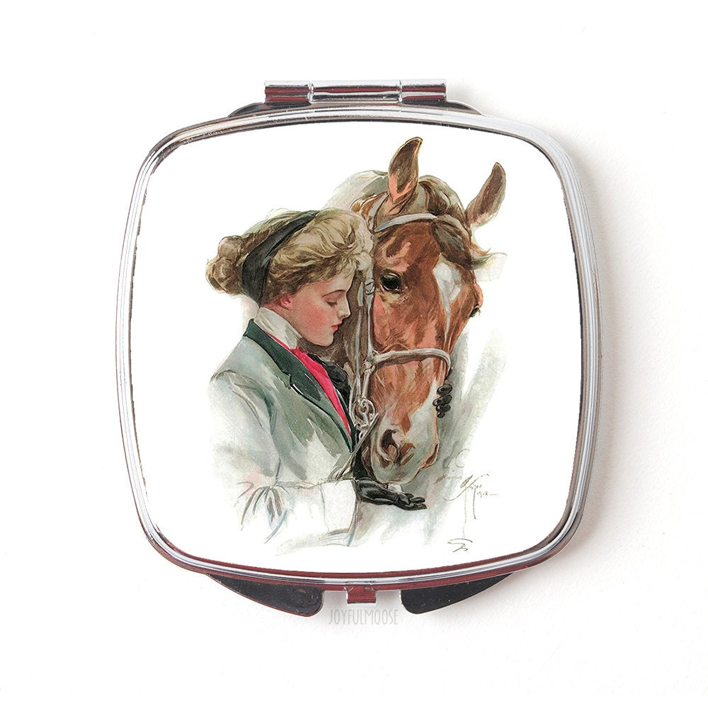 Horse Compact Mirror - Vintage Horse Illustration | Silver Equestrian Gift