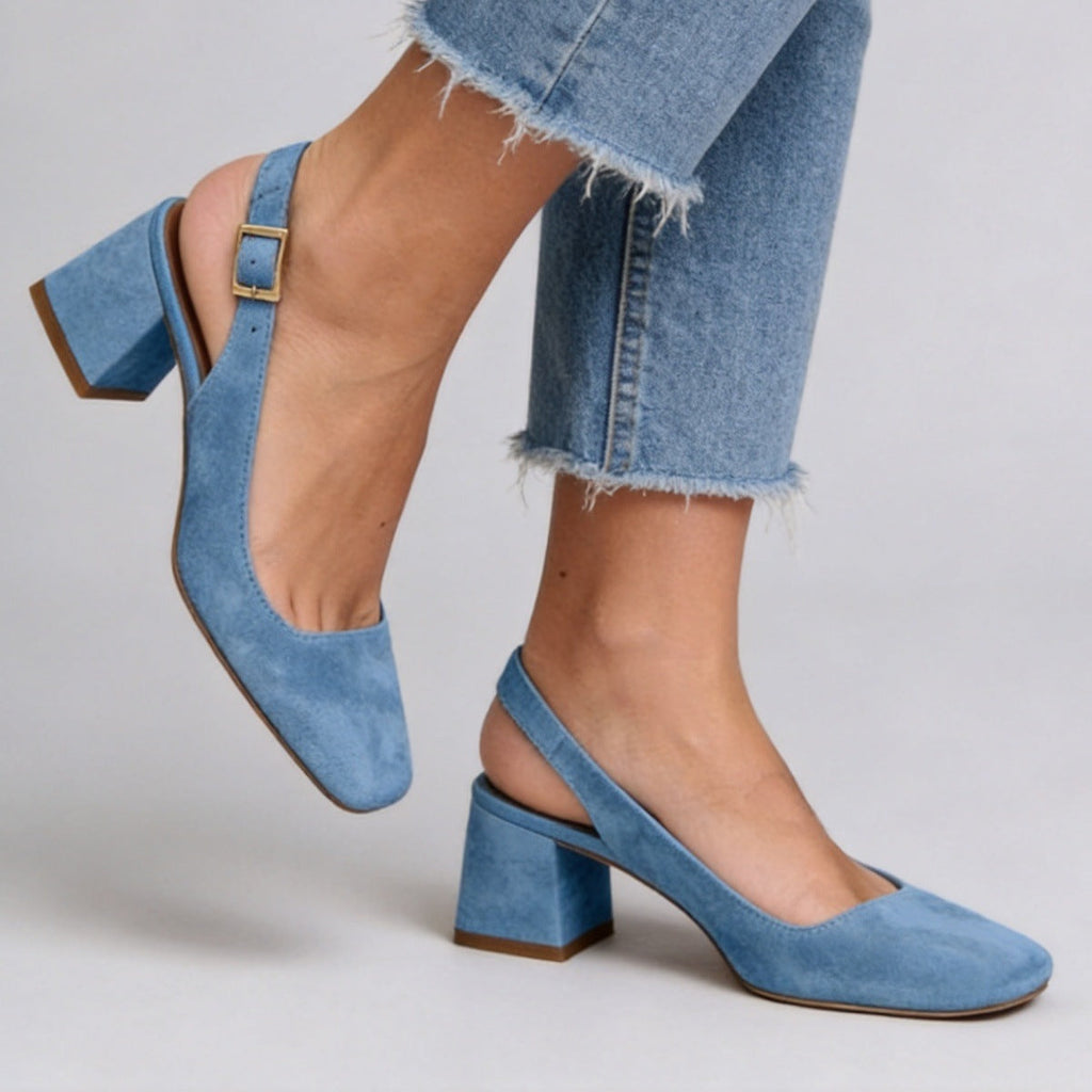 Women's Square Toe Slingback Chunky Heels – Buckle Strap Wide Fit