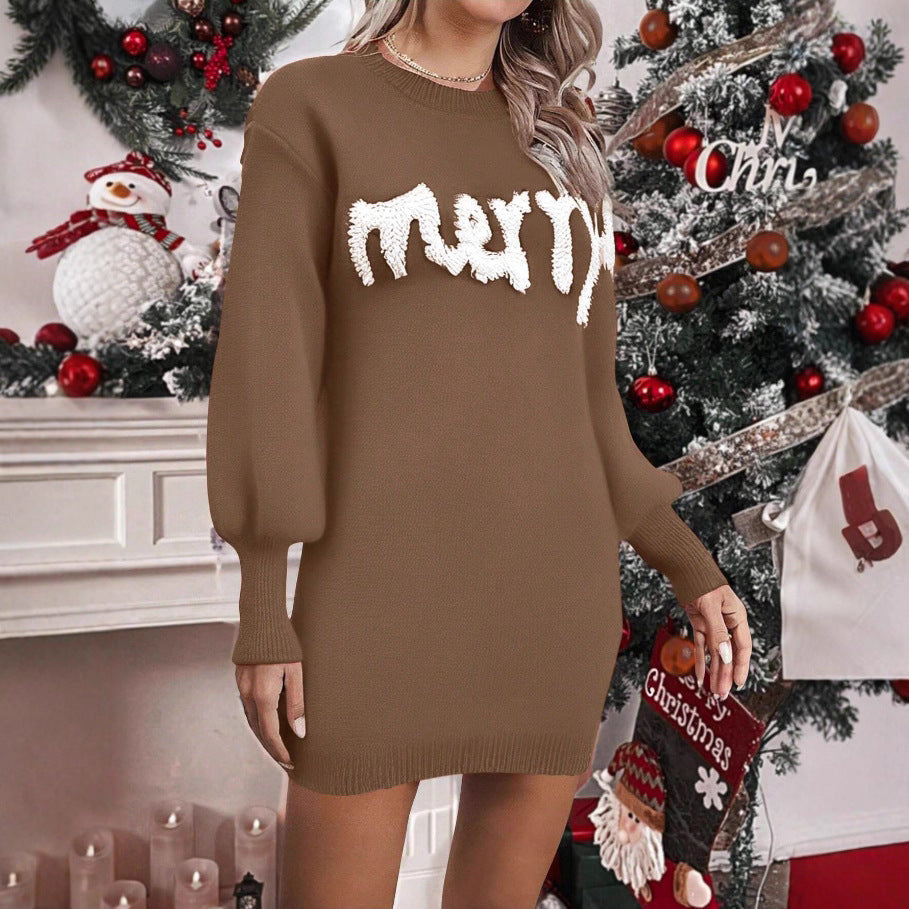 Women’s Knitted Round Neck Lantern-Sleeve Pullover Sheath