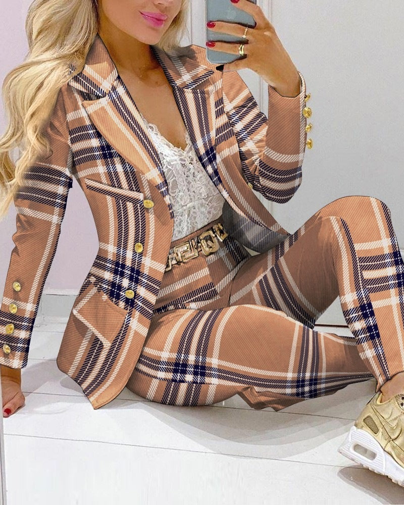 Women's Printed Coat & Trousers Two-Piece Set – 19 Prints, Casual Fashion Suit