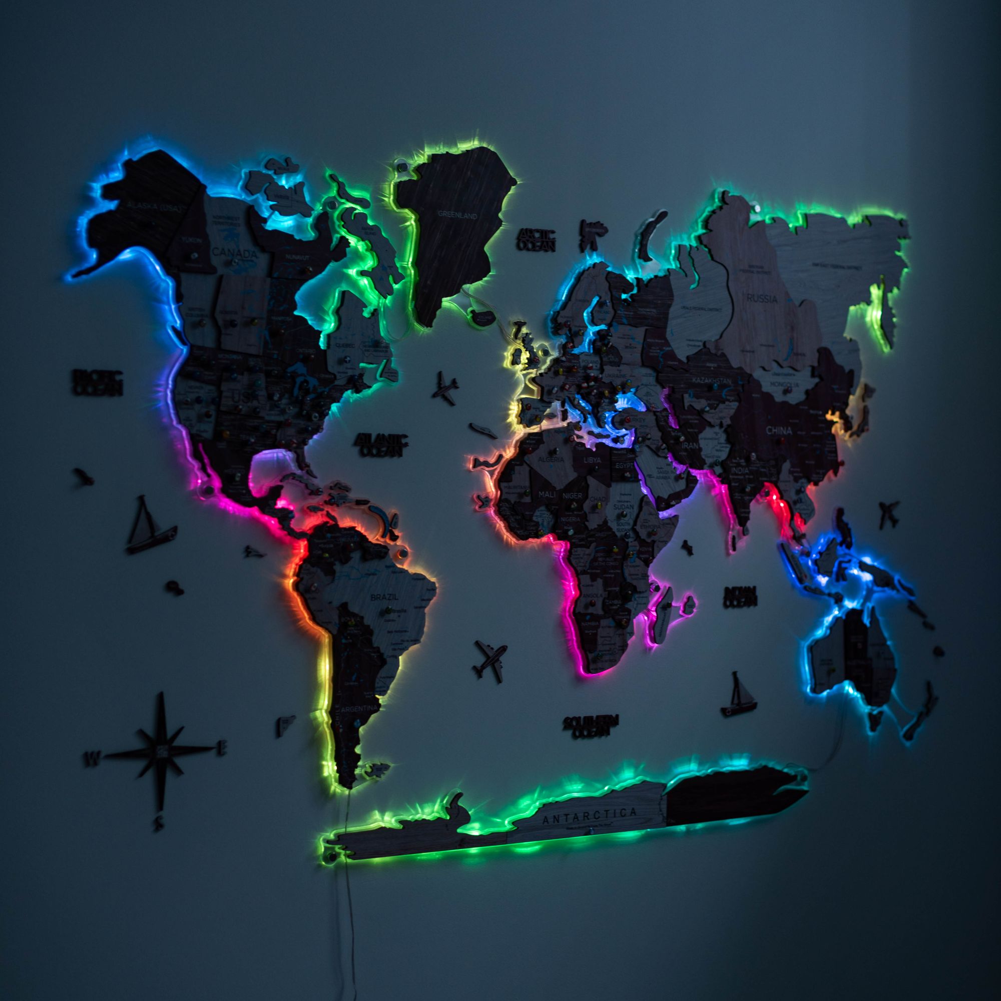 3D Luminous LED Colored World Map