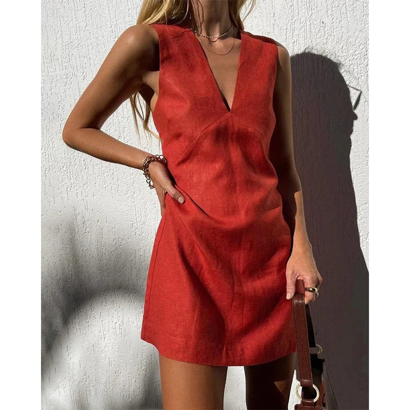 🌿 V-Neck Cotton & Linen Sleeveless Mini Dress