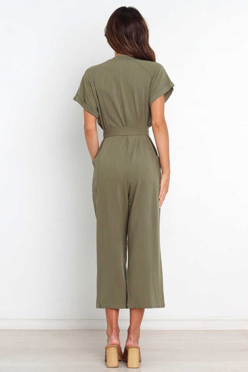Women's V-Neck Cropped Wide-Leg Knit Jumpsuit