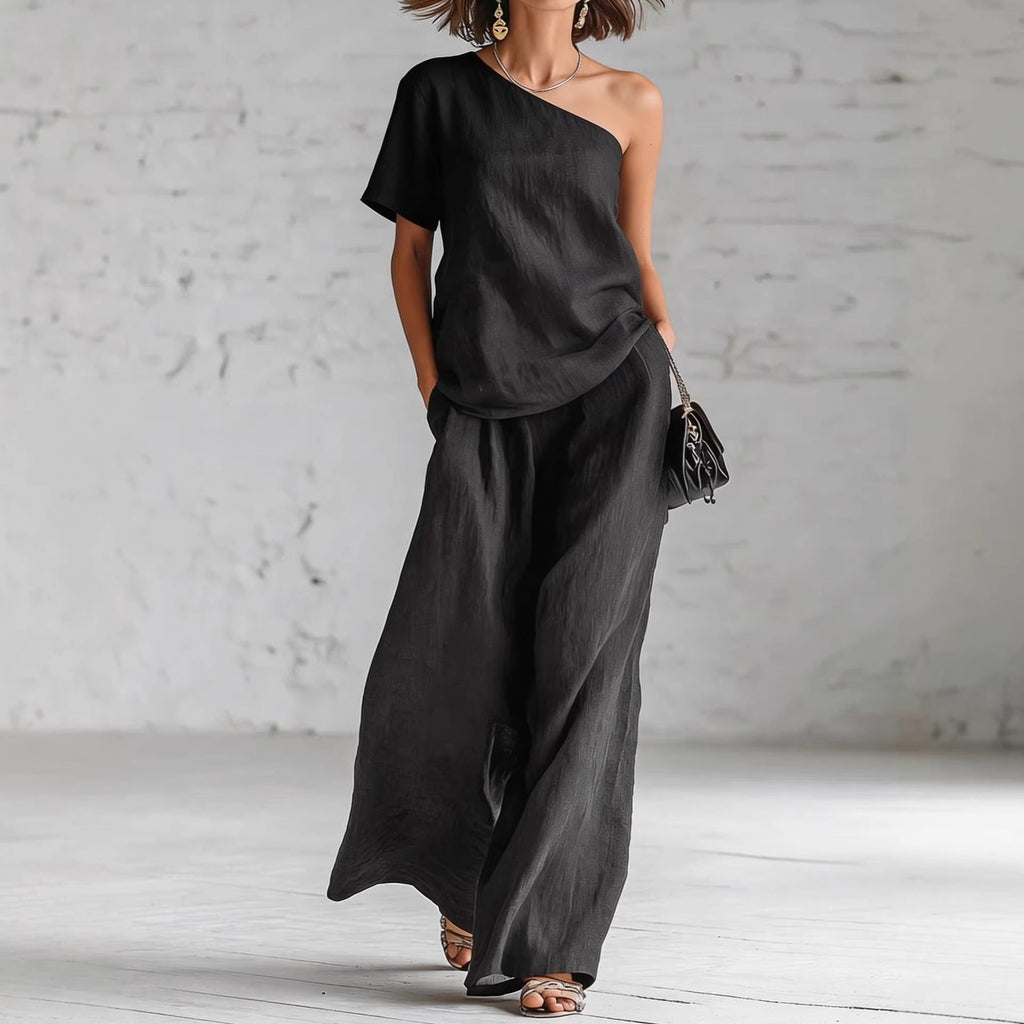 Women's Wide-Leg Pants & Top Set – 2-Piece Three-Quarter Sleeve Outfit
