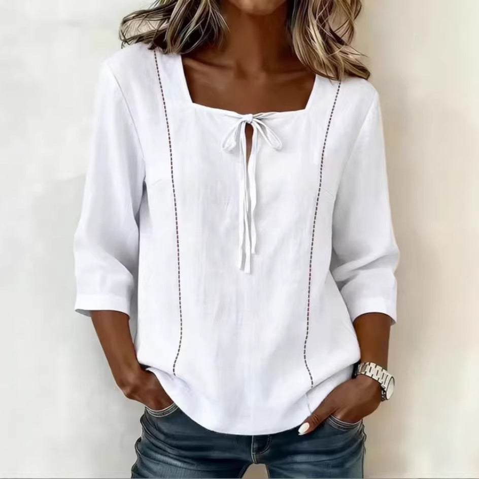 Printed Lace-Up Square-Neck Shirt – Three-Quarter Sleeve, Ramie