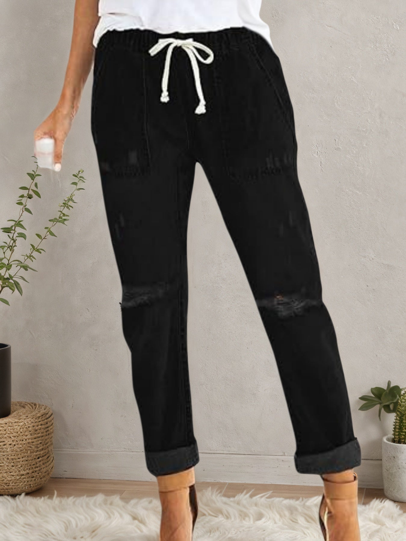 Women’s Distressed Stretch Jeans – Casual Elastic Waist Denim Joggers