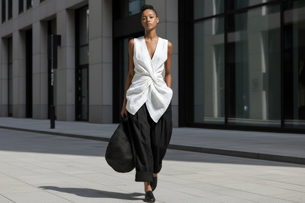 Women's Tie-Front V-Neck Sleeveless Top & Wide-Leg Pants Set