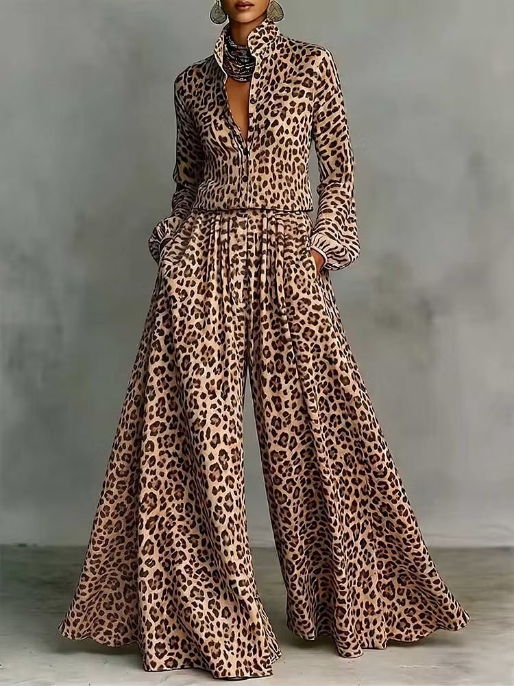Leopard Print Wide-Leg Pants Set – Women’s Casual Two-Piece