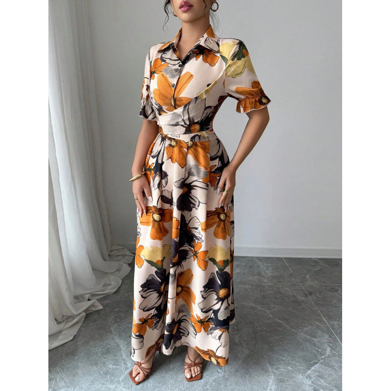Women’s Printed Puff Sleeve Dress – Blouse Collar Cross-Tie Waist Style