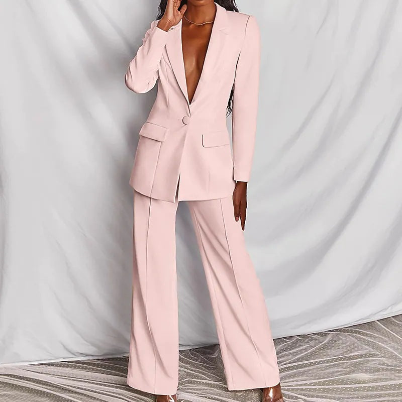 Lapel Button-Down Blazer & Straight-Leg Trousers Suit