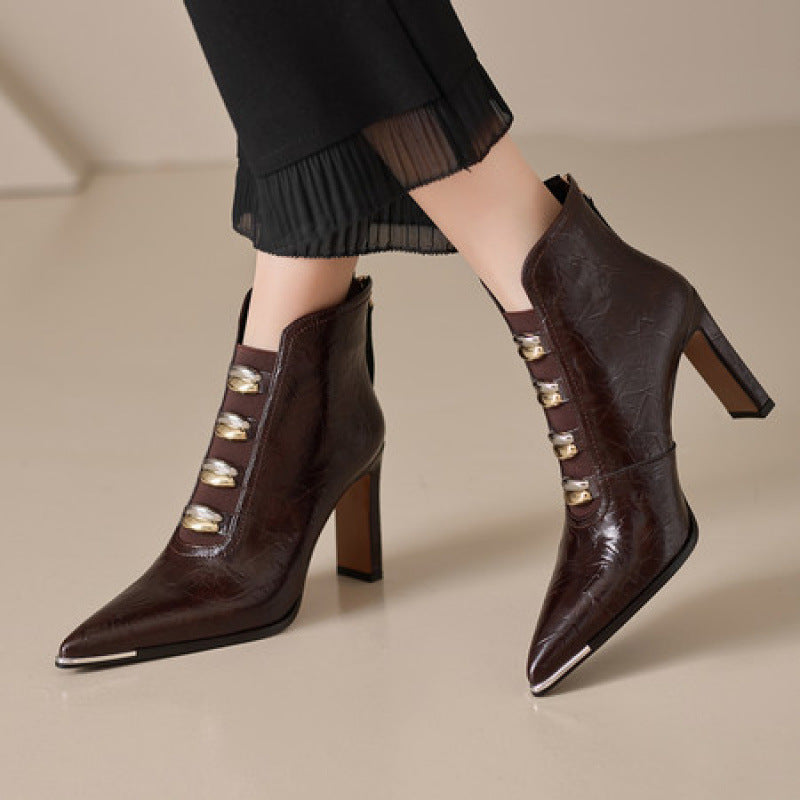 Women's Satin Pointed Toe Chunky Heel Short Boots – Ultra High Heel