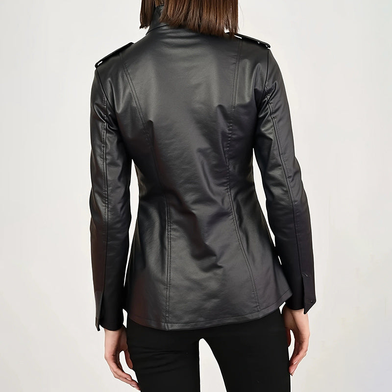 Vintage Style PU Jacket — Mid-Length Open Cardigan Leather Coat with Pockets
