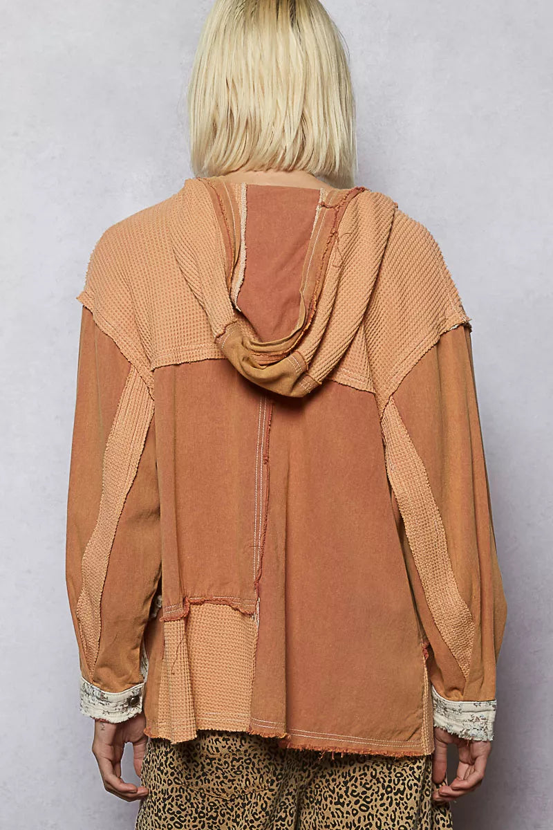 POL Button Down Hooded Jacket with Star Patch Pattern