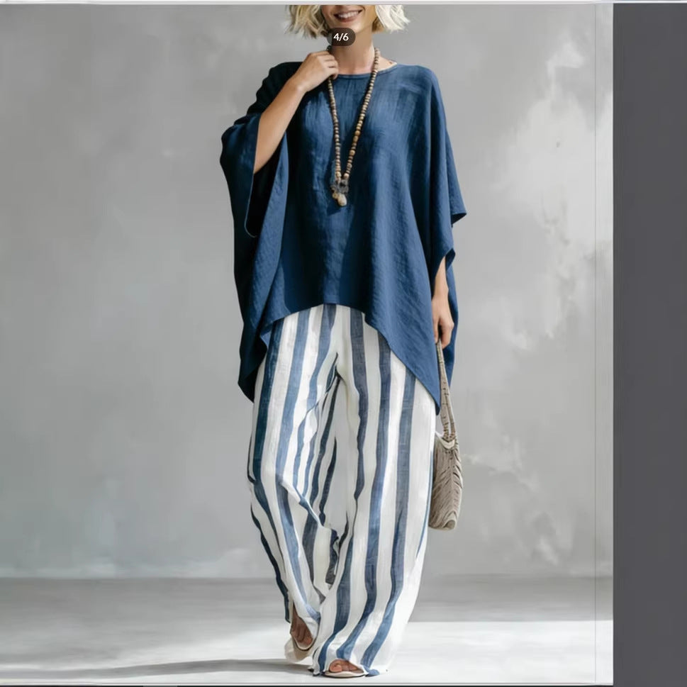 Women's Striped Batwing-Sleeve Loose Linen Two-Piece Set