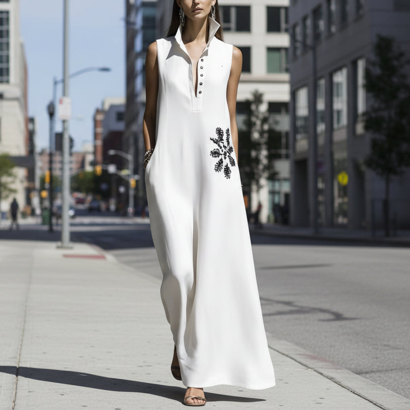 Women's Cotton Linen Mandarin Collar Maxi Dress – Graphic Print with Pockets