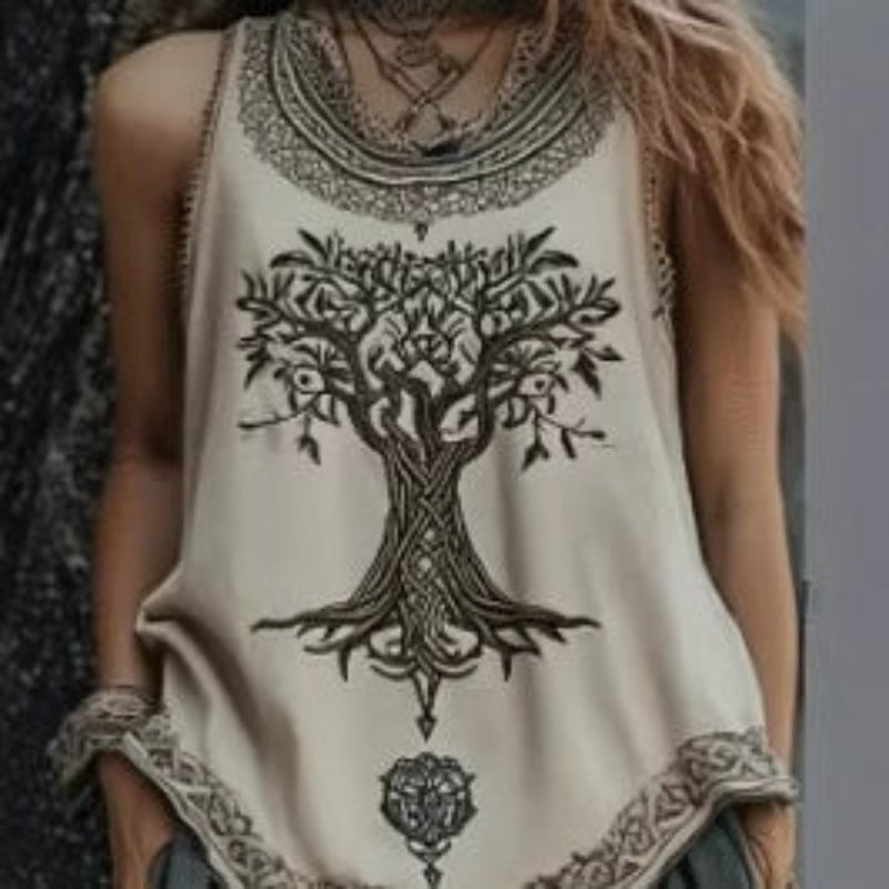 Women's Digital Print Pleated Crew-Neck Tank Top – Plus Size