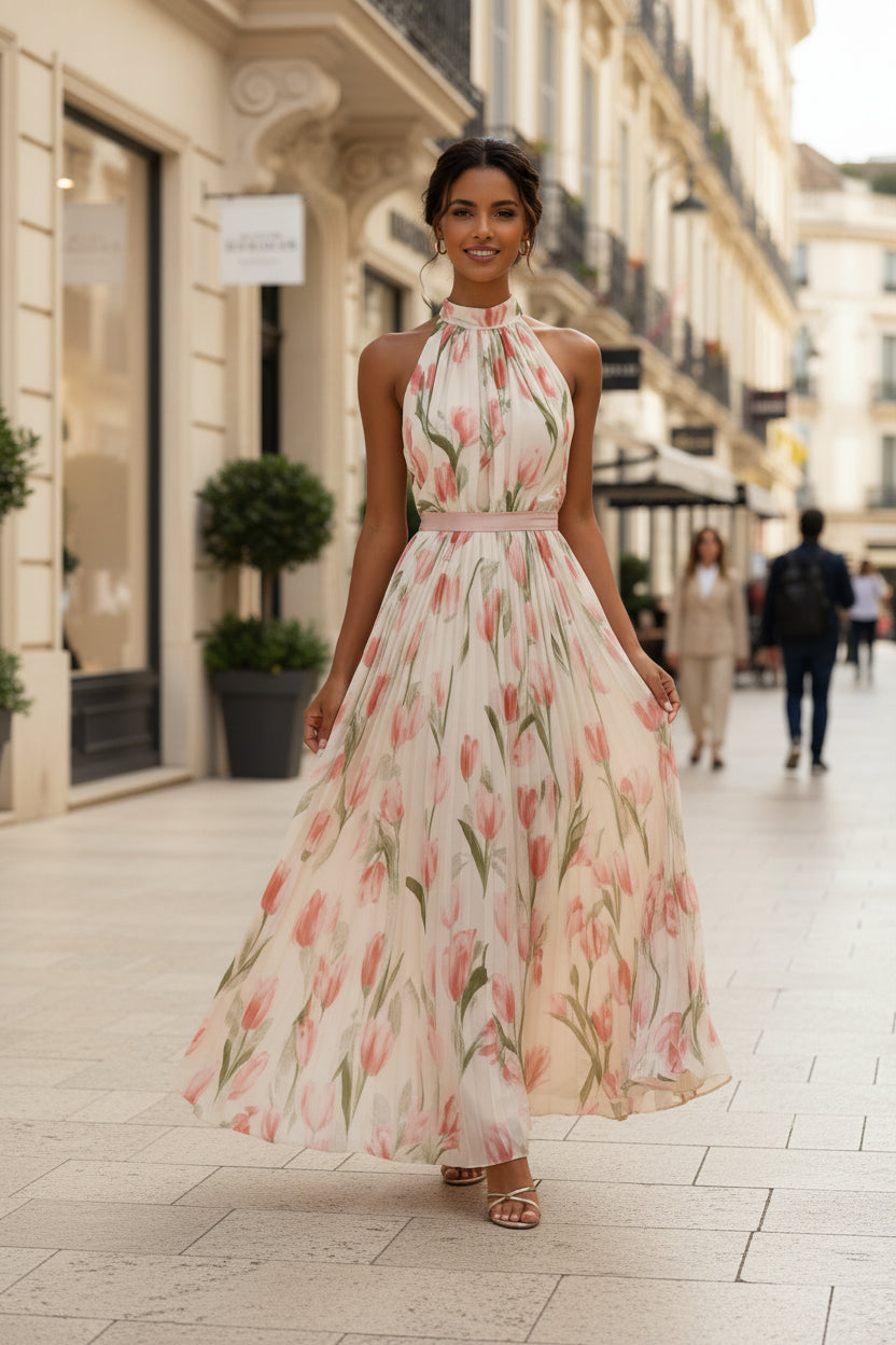 Women's Halterneck High-Waist Swing Dress – Floral & Solid Prints
