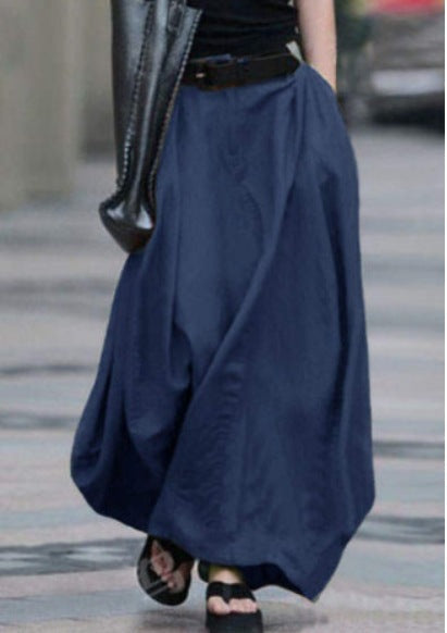 Women's High-Waist Flared Maxi Skirt – Solid Color Cotton Linen with Pockets