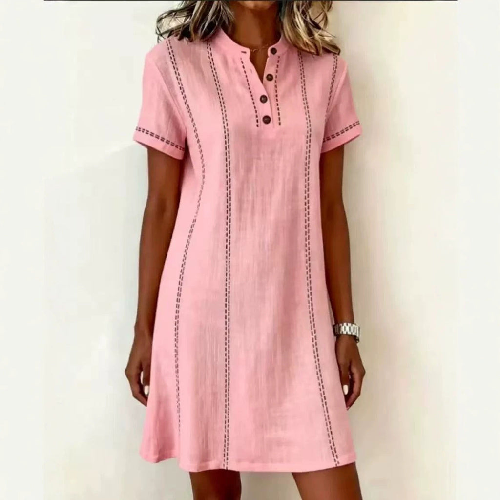 Women's Printed Button-Up Stand Collar Midi Dress – 3/4 Sleeve Loose Fit